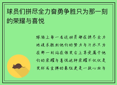 球员们拼尽全力奋勇争胜只为那一刻的荣耀与喜悦