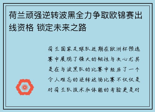 荷兰顽强逆转波黑全力争取欧锦赛出线资格 锁定未来之路