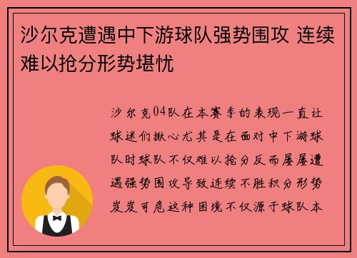 沙尔克遭遇中下游球队强势围攻 连续难以抢分形势堪忧